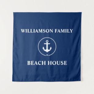 Nautic Beach House Familienname Navy Blue Square Wandteppich
