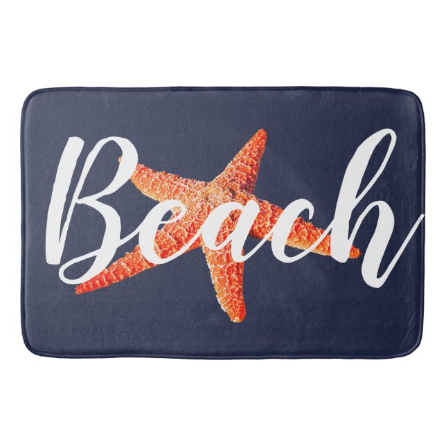 Nautic Beach Script Red Starfish & Navy Badematte (Vorderseite)