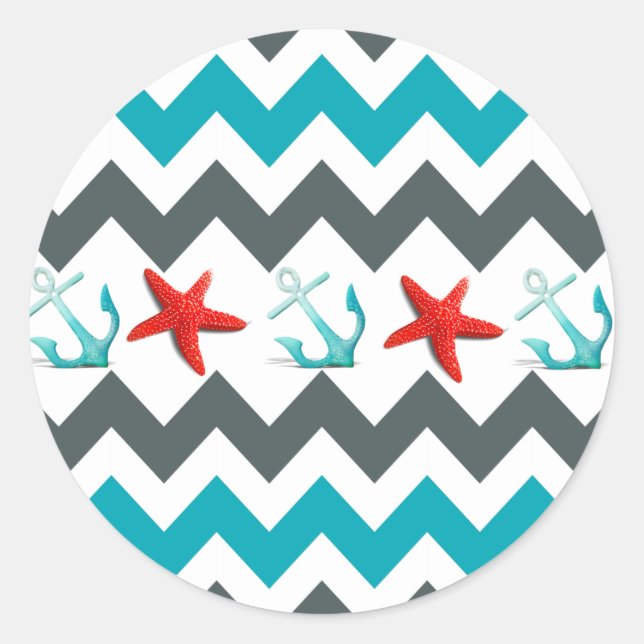Nautic Beach Thema Zickzack Anchors Starfish Runder Aufkleber (Vorderseite)