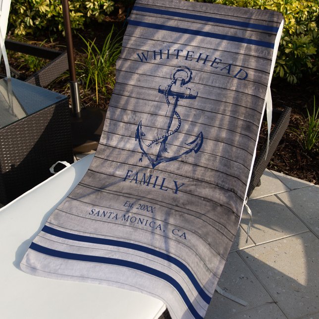 Nautic Beige Wood Custom Family Anchor Strandtuch (Nautical anchor custom family vacation towel. Personalize each towel with your details.)