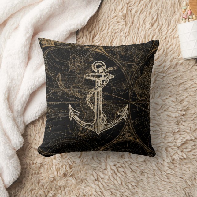 Nautic Black Beige Anchor World Map Kissen (Decke)