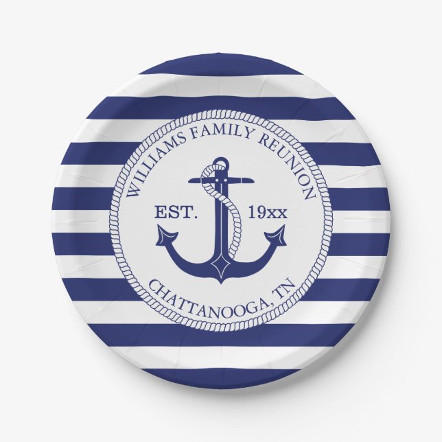 Nautic Blue Anchor Family Wiedersehen Navy Stripes Pappteller (Vorderseite)