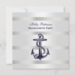 Nautic Blue Anchor Silver Wt BG SQ Bachelorette Einladung