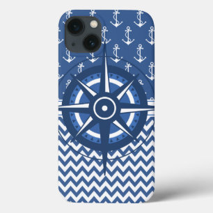 Nautic Blue and White Anchor und Zickzack Muster iPhone 13 Hülle