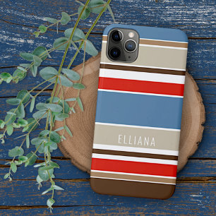 Nautic Blue Beige Brown Dark Red White Stripes iPhone 11Pro Max Hülle