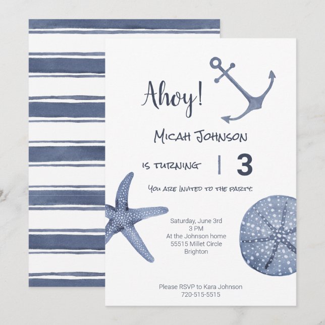 Nautic Blue Birthday Einladung jedes Alter (Vorne/Hinten)