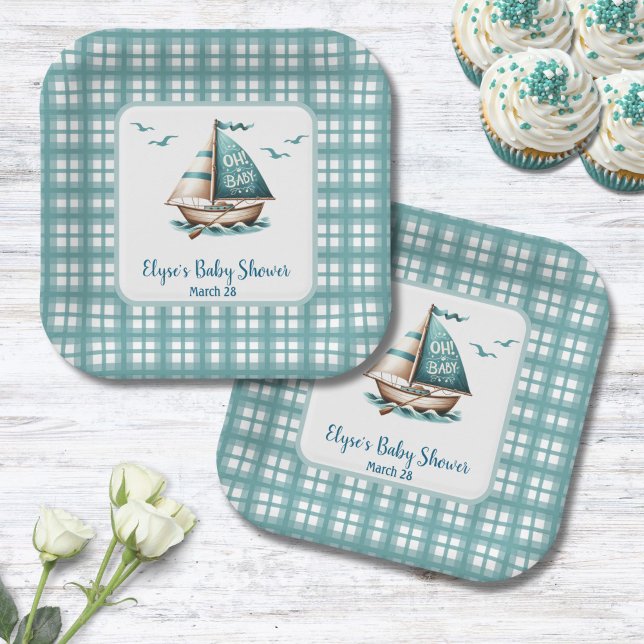 Nautic Blue Sailboat"Oh, Baby" Baby Party Teller (Nautical "Oh, Baby" Paper Plates for Bay Shower)
