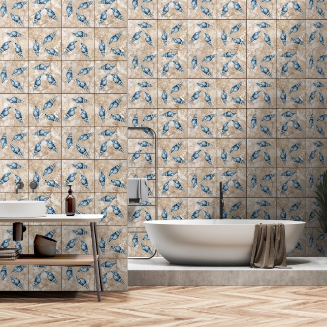 Nautic Blue Seashells Sand Tan Imitate Tile Tapete (Badezimmer)