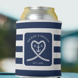 Nautic Blue Striped Rope Heart Anchor Hochzeit Dosenkühler