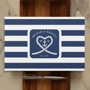 Nautic Blue Striped Rope Heart Anchor Hochzeit Gästebuch