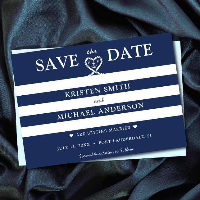 Nautic Blue Striped Rope Heart Anchor Hochzeit Save The Date (Nautical Blue Striped Rope Heart Anchor Wedding Save The Date)