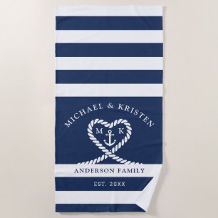 Nautic Blue Striped Rope Heart Anchor Hochzeit Strandtuch