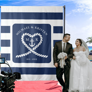 Nautic Blue Striped Rope Heart Anchor Hochzeit Wandteppich