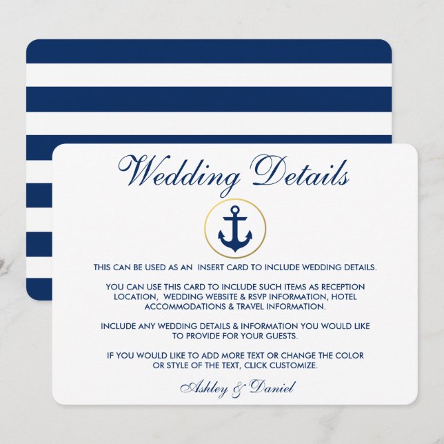 Nautic Blue Stripes Hochzeitdetails einfügen Einladung (Vorne/Hinten)