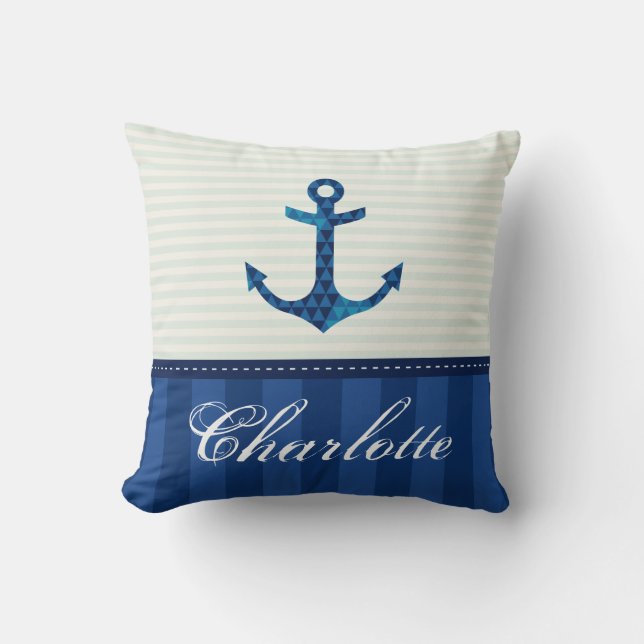 Nautic Blue Stripes Muster Anker Individuelle Name Kissen (Vorderseite)