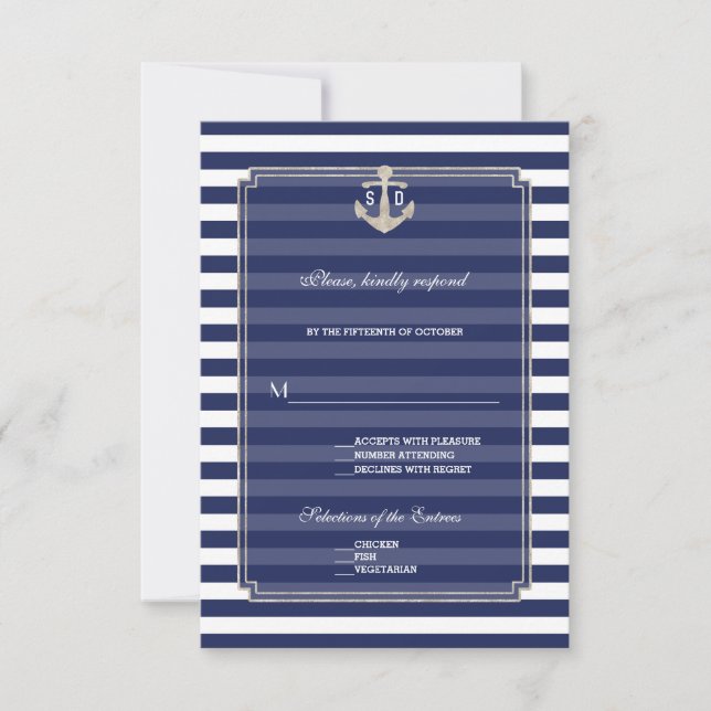 Nautic Blue Stripes Silver Anchor Wedding RSVP Karte (Vorderseite)