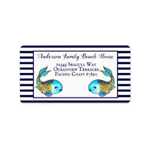 Nautic Blue Watercolor Fish Beach House Adresse Adressaufkleber
