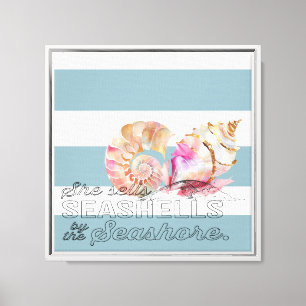 Nautic Blue White Stripes Pink Gold Muscheln Leinwanddruck
