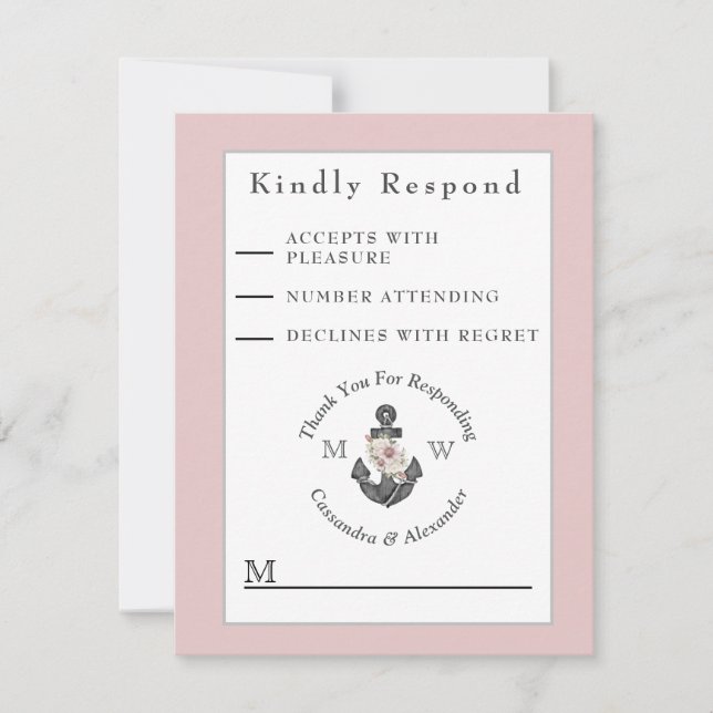 Nautic Blush Pink Blues Anchor Hochzeit RSVP Karte (Vorderseite)
