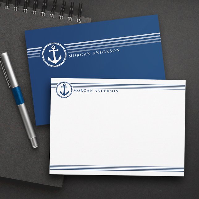 Nautic Boat Anchor Individuelle Name Navy Blue Whi Mitteilungskarte (Von Creator hochgeladen)