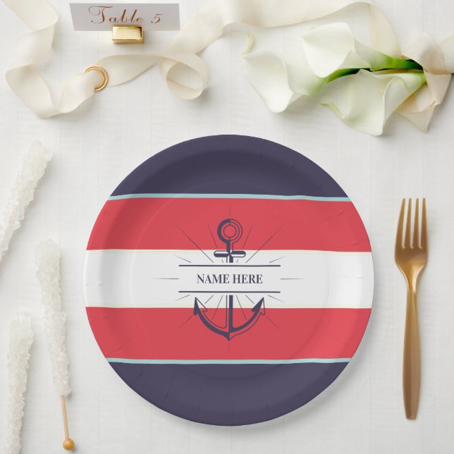 Nautic Boat Anchor Navy Blue White Pappteller (Hochzeit)