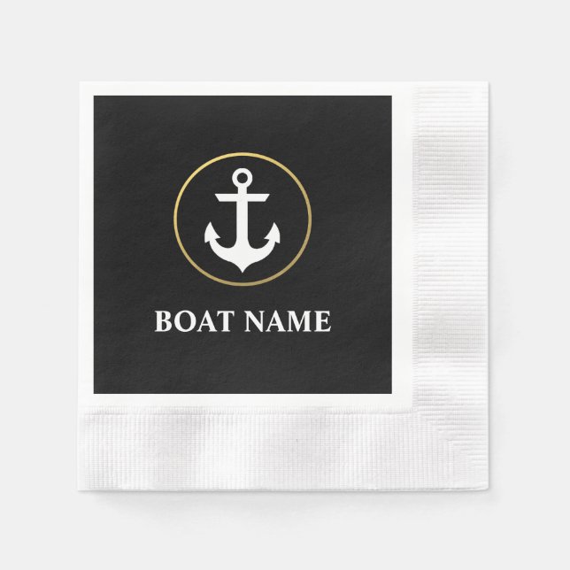 Nautic Boat Name Anchor Cocktail Black Gold Serviette (Vorderseite)