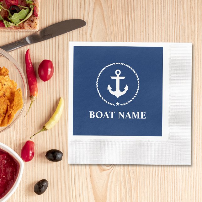 Nautic Boat Name Anchor Rope Navy Blue Cocktail Serviette (Customize to change background color, text size or text style. )