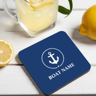Nautic Boat Name Anchor Rope Navy Blue Getränkeuntersetzer