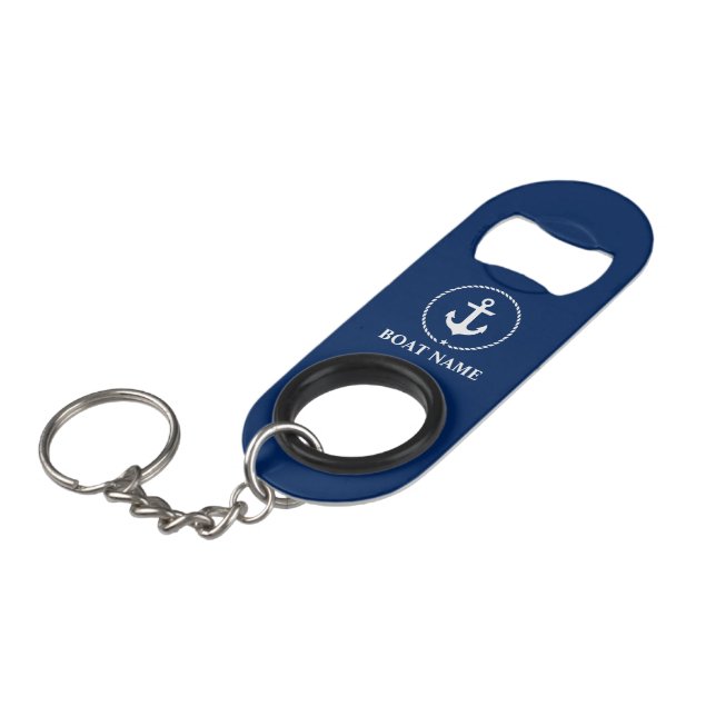 Nautic Boat Name Anchor Rope Navy Blue Mini Flaschenöffner (Vorderseite Schrägansicht)