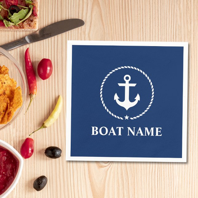 Nautic Boat Name Anchor Rope Navy Blue Serviette (Customize to change background color, text size or text style. )