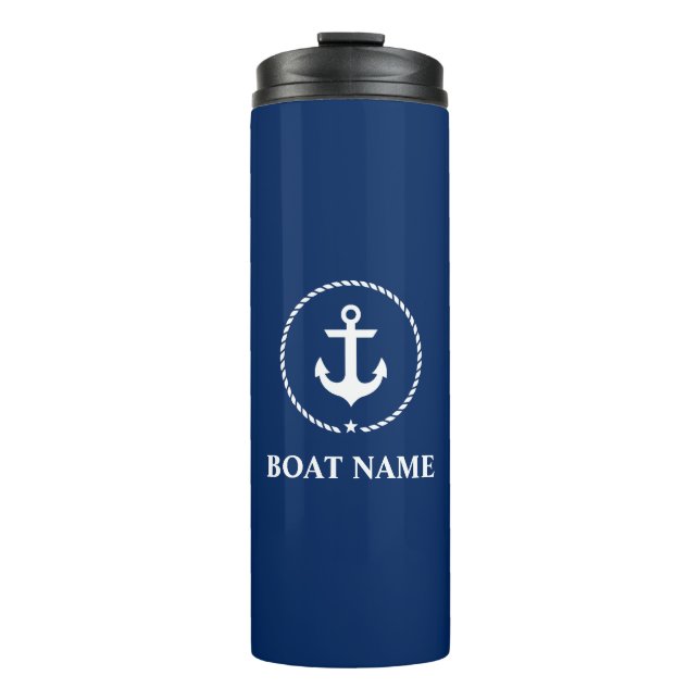Nautic Boat Name Anchor Rope Navy Blue Thermosbecher (Vorderseite)
