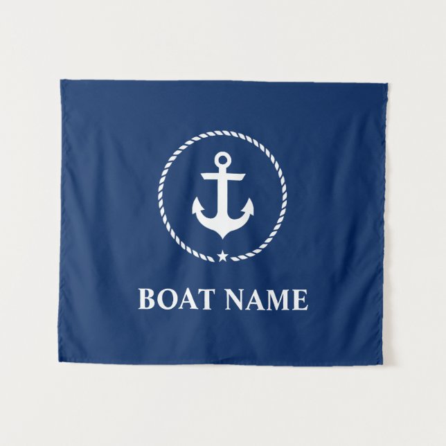 Nautic Boat Name Anchor Rope Navy Blue Wandteppich (Vorderseite (Horizontal))