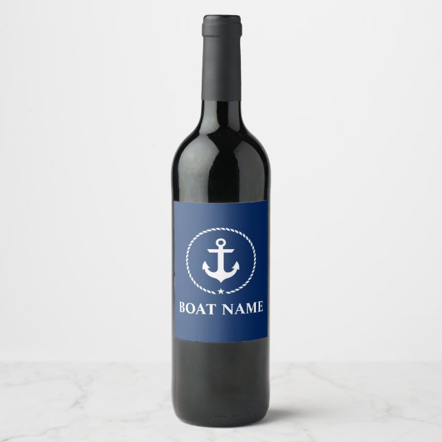 Nautic Boat Name Anchor Rope Navy Blue Weinetikett (Vorderseite)