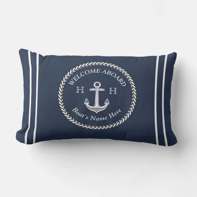 Nautic Boat Name Anchor Rope Navy Blue Welcome L Kissen Für Draußen (Vorderseite)
