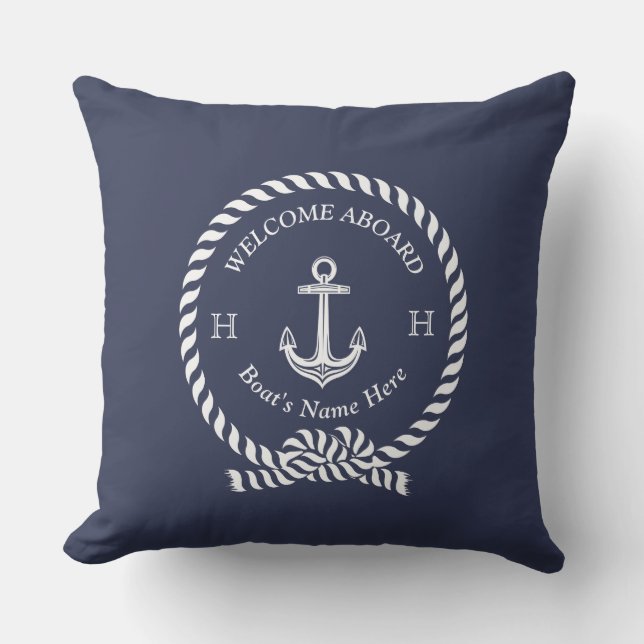 Nautic Boat Name Anchor Rope Navy Blue Willkommen Kissen (Vorderseite)