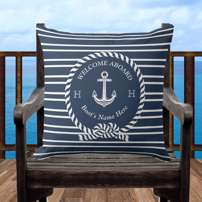 Nautic Boat Name Anchor Rope Navy Blue Willkommen Kissen (Von Creator hochgeladen)