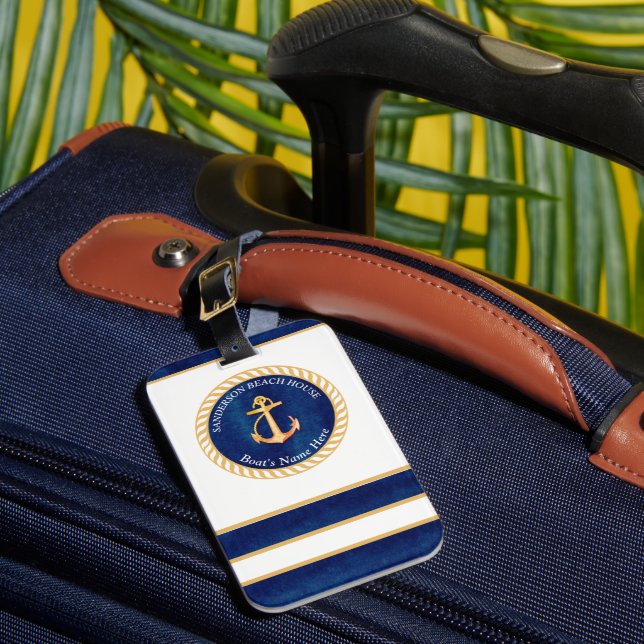 Nautic Boat Name Anchor Rope Navy Blue Yellow Gepäckanhänger (Vorderseite Insitu 1)