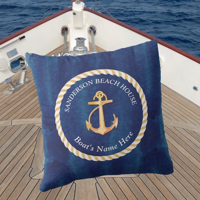 Nautic Boat Name Anchor Rope Navy Blue Yellow Kissen (Von Creator hochgeladen)