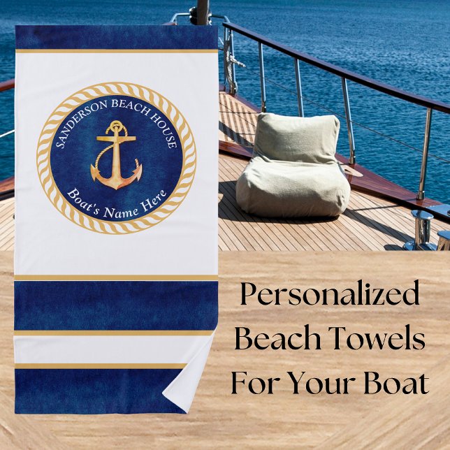 Nautic Boat Name Anchor Rope Navy Blue Yellow Strandtuch (Von Creator hochgeladen)