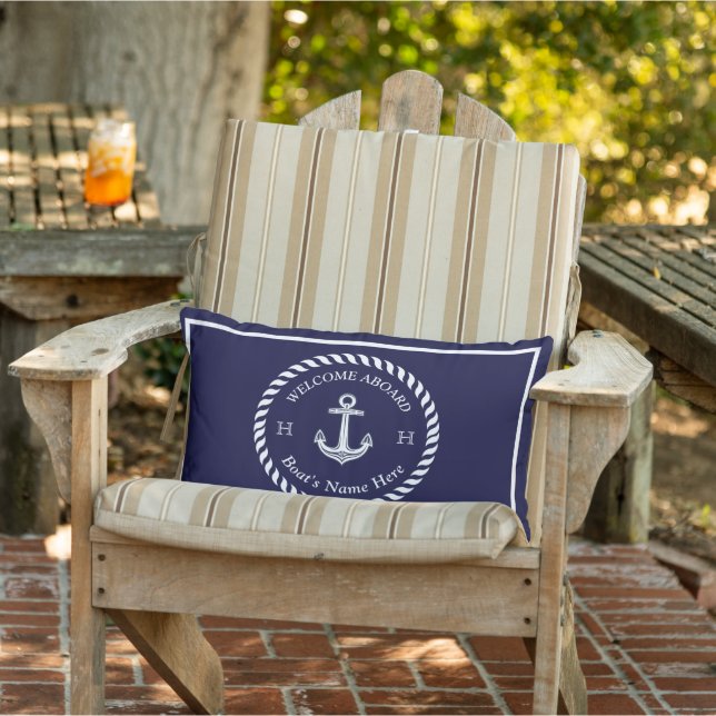 Nautic Boat Name Anchor Rope Navy White Kissen Für Draußen (Stuhl )