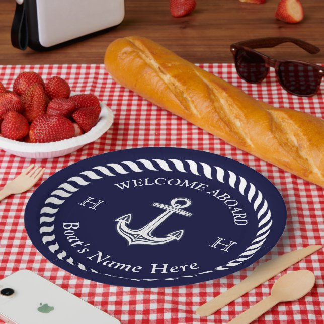 Nautic Boat Name Anchor Rope Navy White Pappteller (Picknick)
