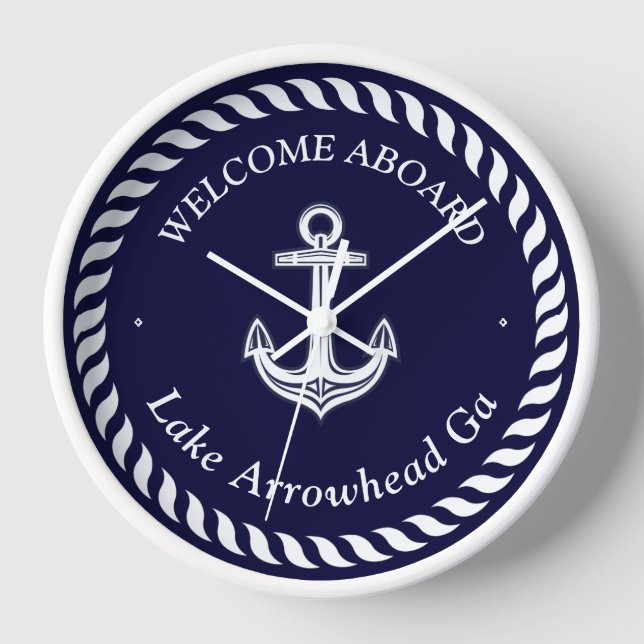 Nautic Boat Name Anchor Rope Navy White Uhr (Vorderseite)