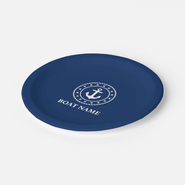 Nautic Boat Name Anchor Rope Stars Navy Blue Pappteller (Schrägansicht)