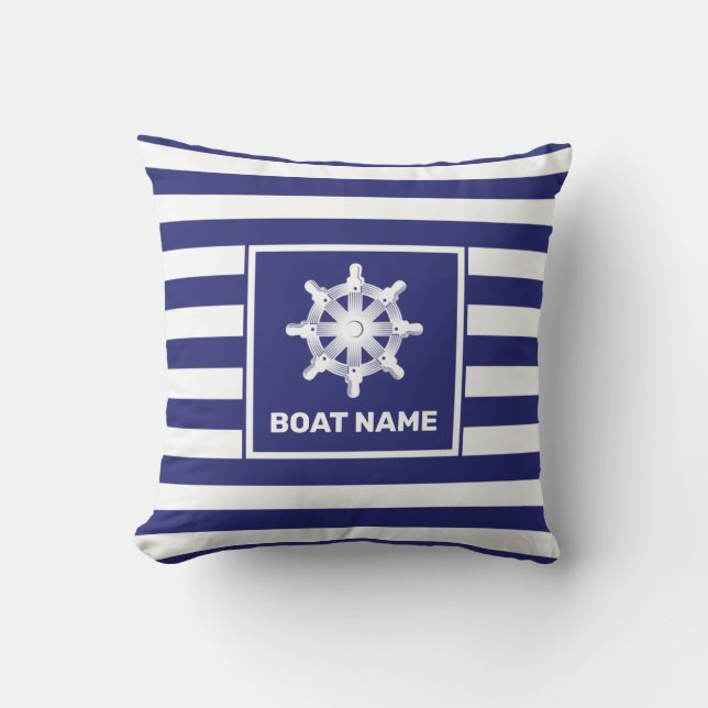Nautic Boat Name Navy Blue Striping Design Kissen (Vorderseite)