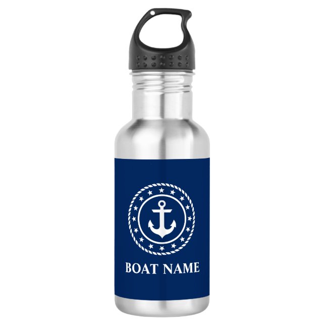 Nautic Boat Name Stars Rope Anchor Navy Blue Edelstahlflasche (Vorderseite)