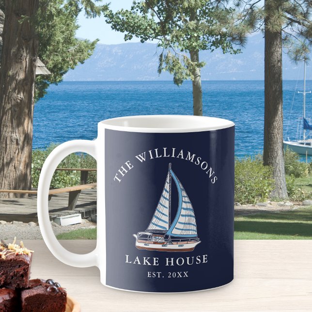 Nautic Boat Navy Blue Family Name Lake House Kaffeetasse (Von Creator hochgeladen)