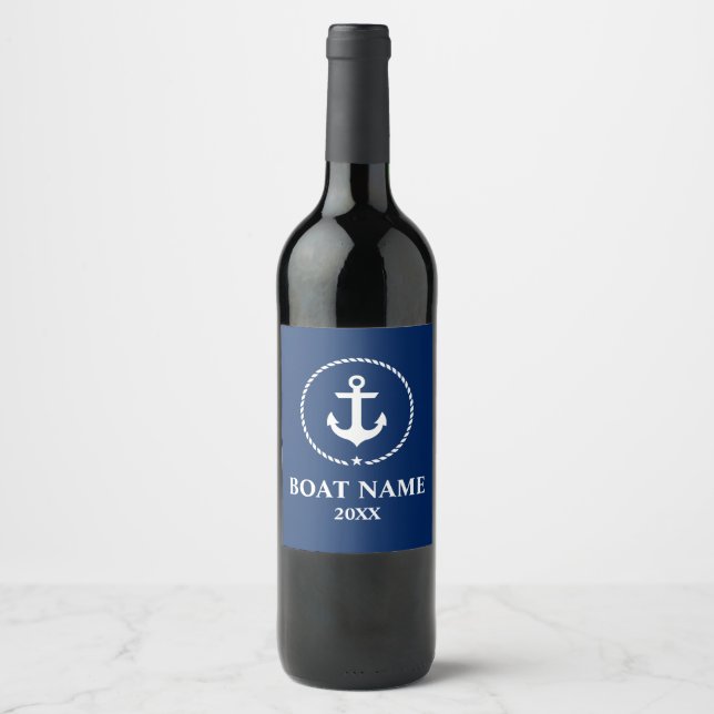 Nautic Boote Name Year Anchor Rope Navy Blue Weinetikett (Vorderseite)