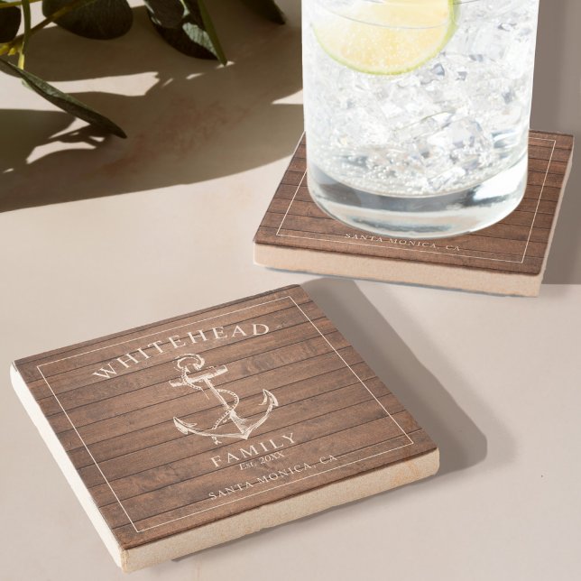 Nautic Brown Wood Anchor Family Steinuntersetzer (Elevate your dining experience with our Stone Coaster with Rustic Wood Design Anchor)