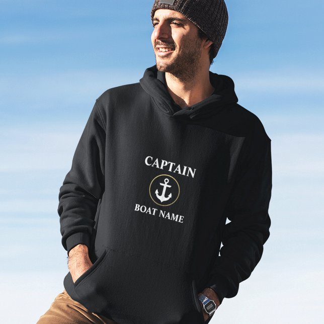 Nautic Captain Boat Name Anchor Gold Blk Hoodie (Customize to change text size. Choose from a variety of shirt colors and styles.)