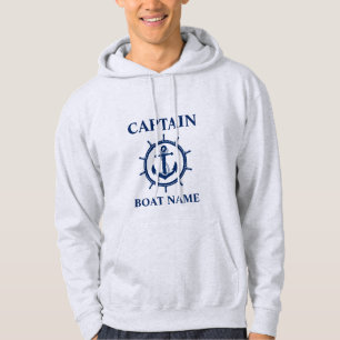 Nautic Captain Boat Name Anchor Rope Wheel Gray Hoodie